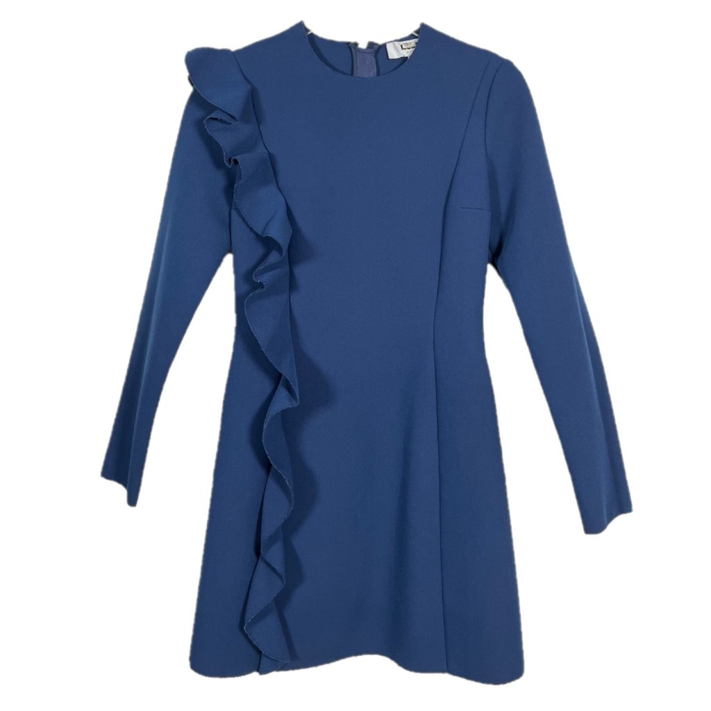 Msgm Navy Lincoln Ruffle Front A-Line Long Sleeves Crew Neck Dress Size 4